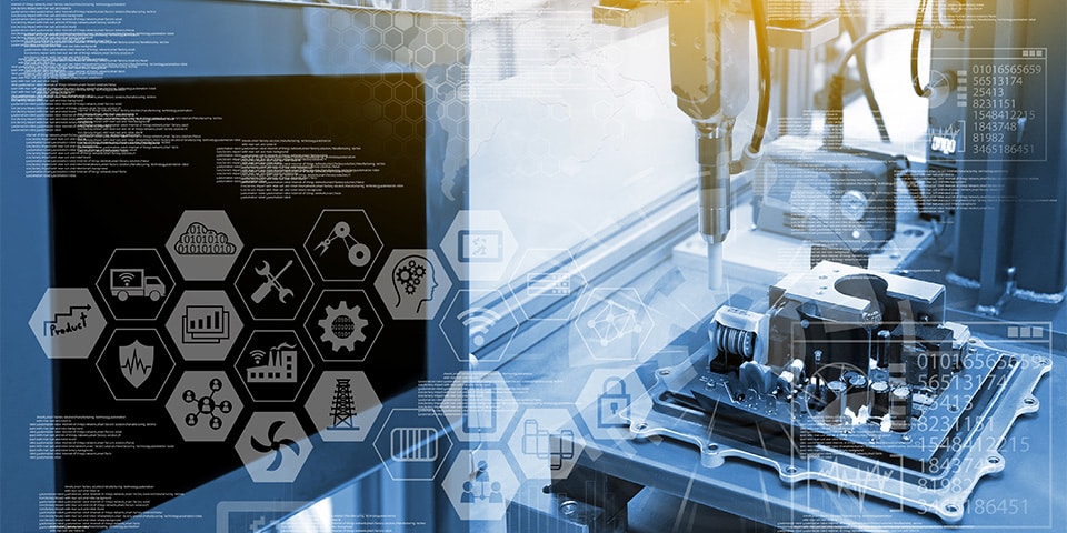 Industry4.0 concept .Industry graphic sign and blue tone of automate wireless Robot arm in smart factory background. Double exposure , blue tone , flare light