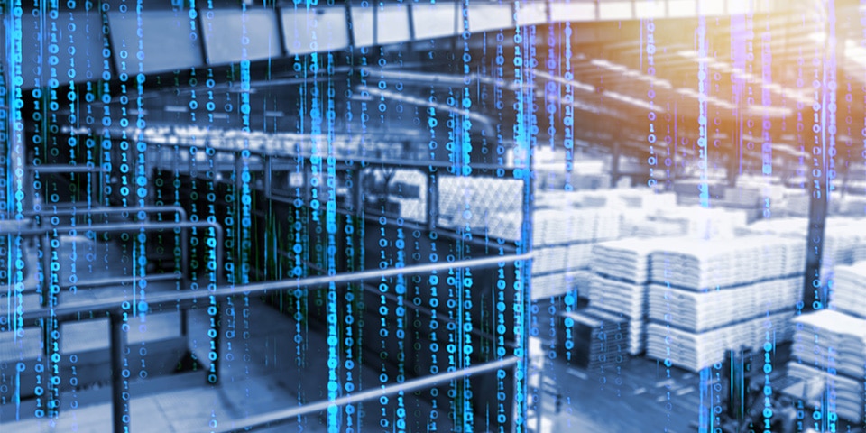 Artificial intelligence (AI) advisor in smart factory , machine and deep learning automation technology concept. Warehouse , blur blue binary coded for background.